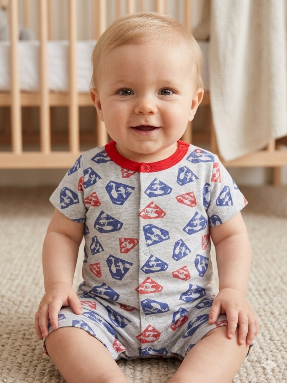Official DC Comics Bioworld Superman All-Over Shield Romper Grey Size 0-3M